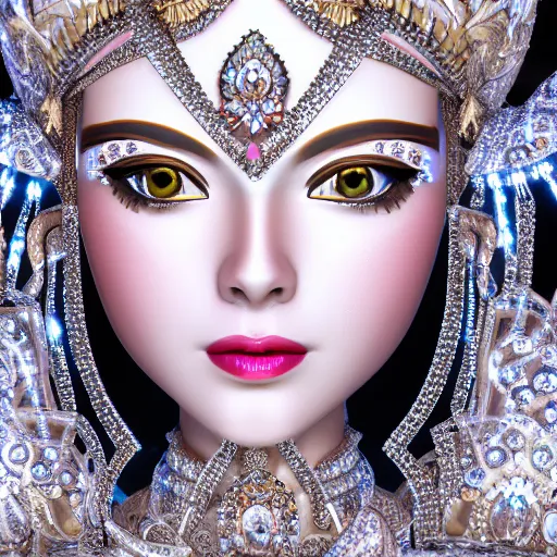 Image similar to portrait of wonderful asian princess of white diamond with fair skin, ornate with white diamonds, 8 k, gorgeous, intricate, detailed, glowing white accent lighting, dramatic lighting, octane render