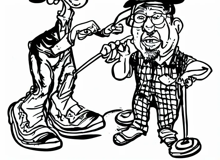 Image similar to line art drawing of a caricature of a painter with big shoes and a life sized paint brush