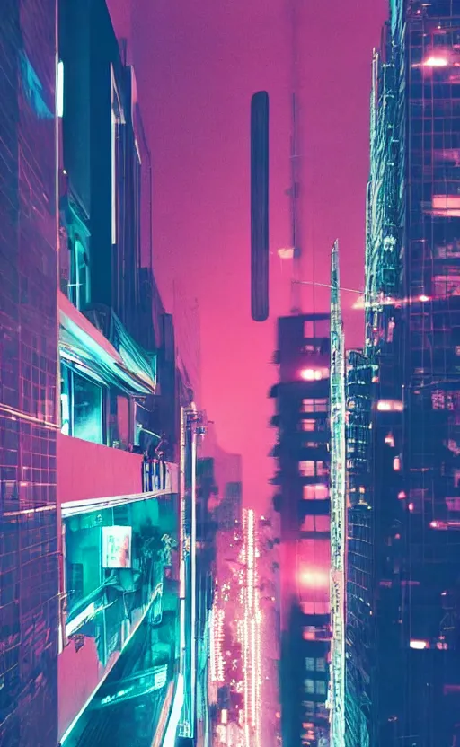 Prompt: vertical phot, girl in 7 0's retro club, editorial, fashion, neon - decorated urban on night in the city seen through the window, modern architecture design, vintage, night, blade runner, dark, clean lines, asian futuristic city at distance, big windows, octane, wide angle