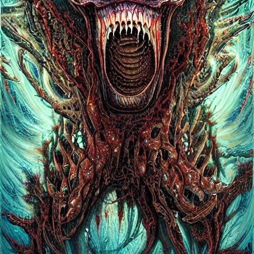 Image similar to Hyper detailed painting of an inhuman horrid fractal abomination covered in endless teeth as it devoures souls.
