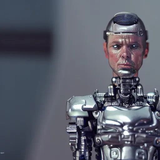 Image similar to cyborg andrew tate miniature, 8 k, cinematic perspective, movie shot, studio