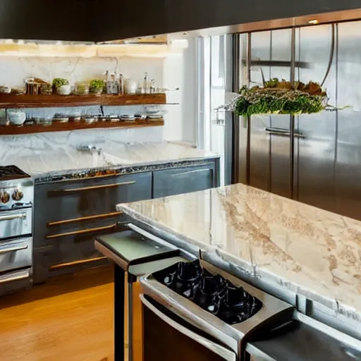 Prompt: fancy restaurant kitchen counter with shiny silver ovens and marble counters and fresh food just chopped.