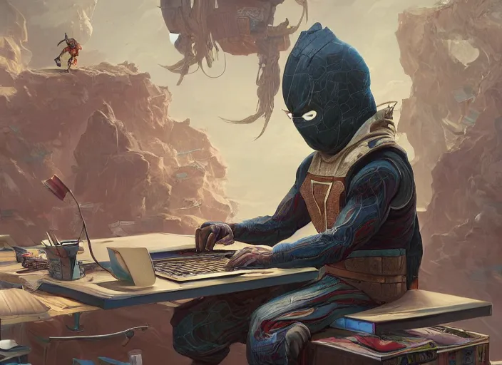 Image similar to an insanely detailed painting of an asian man wearing a homemade superhero costume, sitting at a desk, staring seriously at the computer and typing, in the style of peter mohrbacher, james jean, dramatic lighting and composition, surreal background, octane render, pixar, trending on artstation, concept art, comic book, view from behind, 8 k