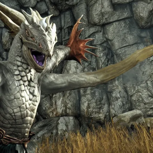 Image similar to joe biden tame a dragon in skyrim world. 8 k, hd, detailed.