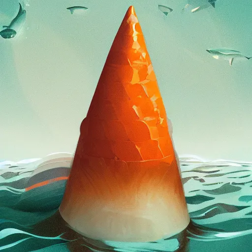 Prompt: broken orange and white striped traffic cone filled with shark teeth, ocean background detailed atmospheric - ron cheng & alphonse mucha, highly detailed, digital painting, ray tracing, concept art, illustration, smooth sharp focus, intricate, symmetry, artstation,