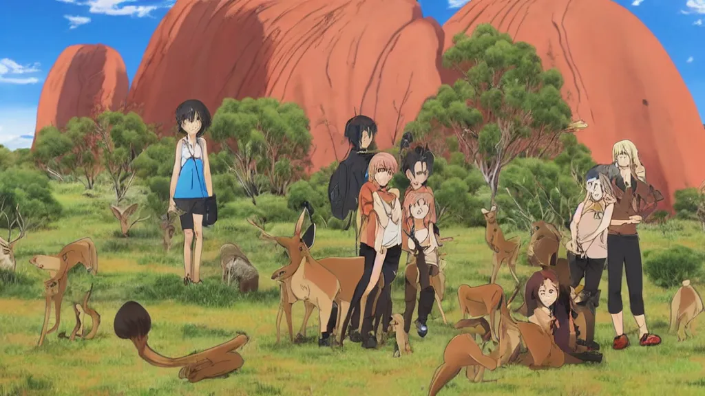 Prompt: australia, outback, uluru, kangaroos, anime style