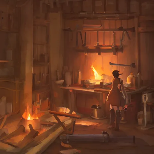 Image similar to a full body portrait of the short and fiery blacksmith Guinea pig with a beard at her forge, blacksmith's outfit, inside building, makoto shinkai, james gilleard, very detailed, matte, gaussian blur, tone mapped, Akihiko Yoshida.