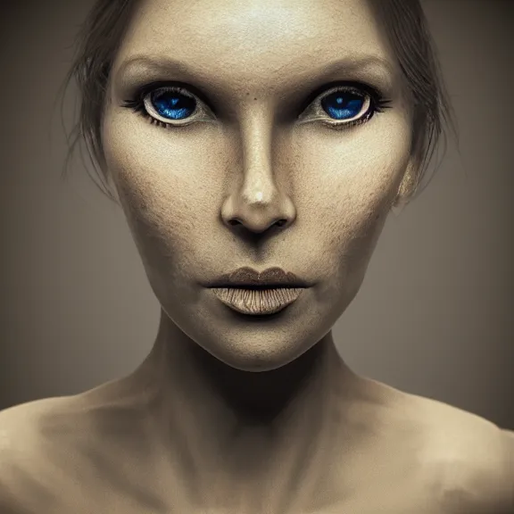 Image similar to a highly detailed 3 d render dark portrait of a woman in the style of chris cunningham and in the style of andrzej dragan, photo manipulation, dramatic lighting