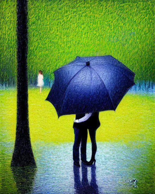 Prompt: raindrops, rain, square, park, lake, man and woman under a black umbrella, trees, kiss, paths, lake, impressionism.