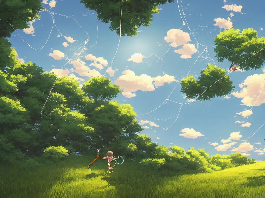 Image similar to extreme wide shot of a summer landscape, with a boy holding on to a string that connects to a web that envelopes the sun. Digital art by Makoto shinkai and Rebecca Sugar and Alan Lee.
