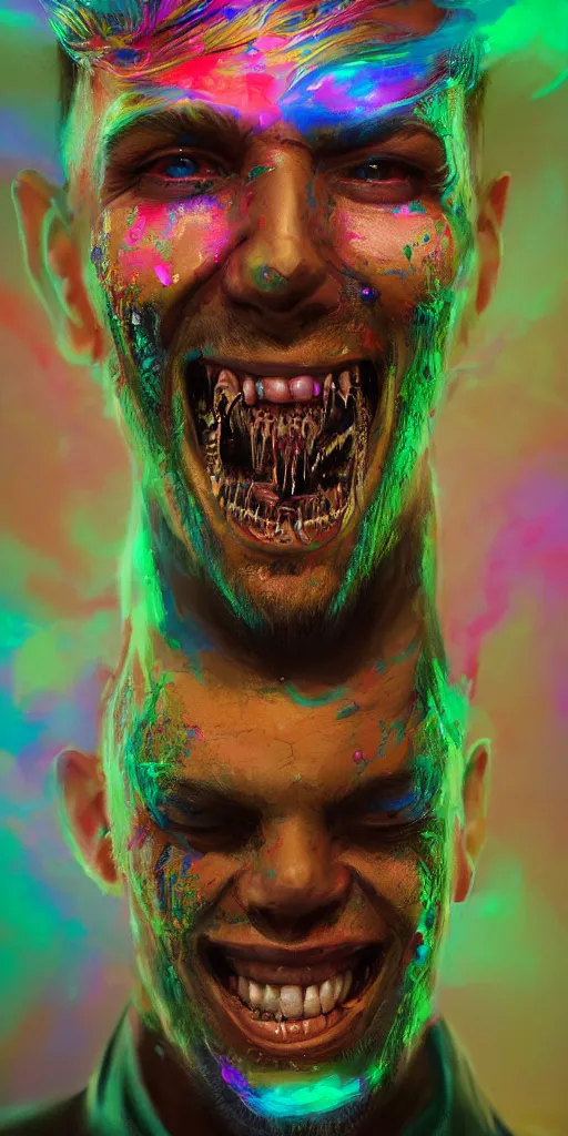 Image similar to impossibly beautiful portrait, dapper dream demon, bad trip, insane smile, intricate complexity, surreal horror, inverted neon rainbow drip paint, trending on art station, photoreal, 8 k, octane render by greg rutkowski