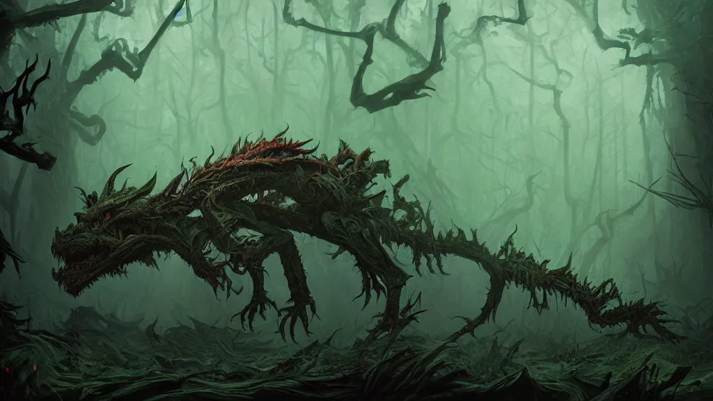 Prompt: a photograph of a decomposing thanatosdrakon in a dark scary forest, dark, hyper - detailed andreas rocha and anton fadeev