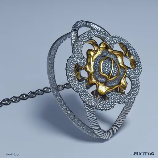 Image similar to intricate!! nordic ring and necklace and ear, silver and gold and diamond, isolated on a white background and a flower in the background, refraction, occlusion, filigree, lower and upper levels, keyshot render, octane render, vray render