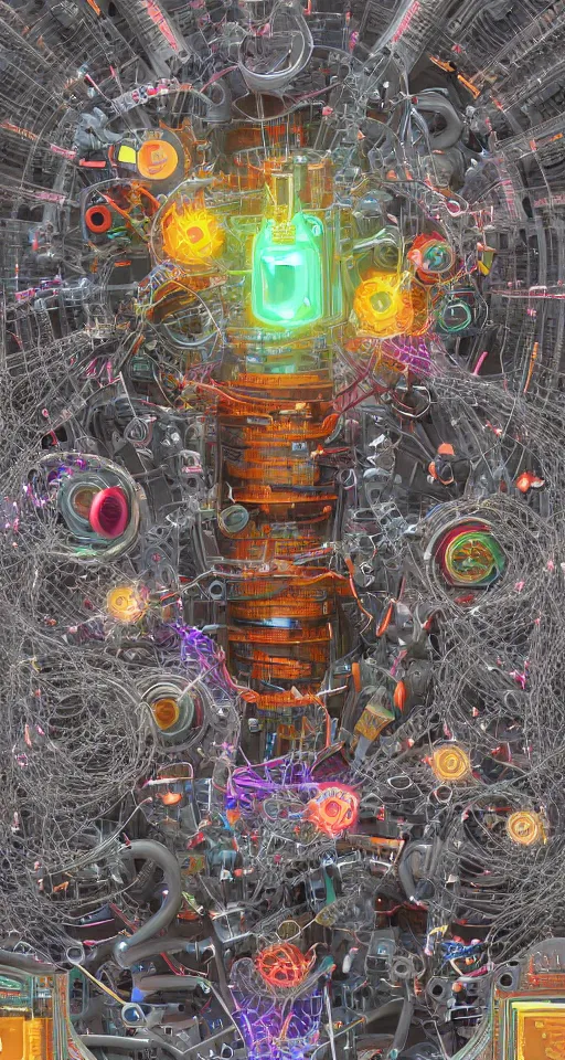 Prompt: cinema 4d colorful render, giant glowing nuclear battery core inside of a mechanical android chest, intricate details, mesh wire, computer components, motherboard, floppy disk eyes,mandelbrot fractal, anatomical, facial muscles, cable wires, elegant, hyper realistic, in front of dark flower and feather pattern wallpaper, ultra detailed, 8k post-production