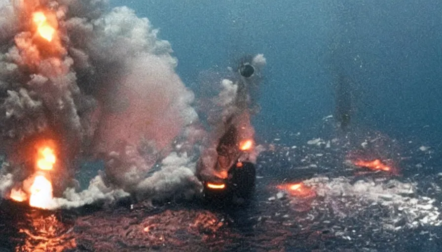 Image similar to Big budget horror movie, at the bottom of the ocean, a submarine explodes