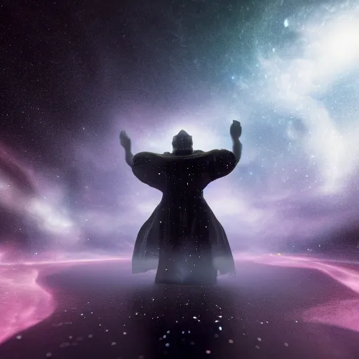 Prompt: osmic entity made of pitch black void with white, robe-like material, face uncovered with no features, stood against the background of deep space full of stars and nebulae, viewed from medium distance away so the full figure is visible+ 3D octane render + 8K + HDR + Photographic + legendary scene + extremely detailed