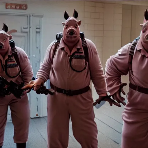 Image similar to Live Action Still Pig Man As Ghostbusters, real life, hyperrealistic, ultra realistic, realistic, highly detailed, epic, HD quality, 8k resolution, body and headshot, film still,Exquisite detail, post-processing, masterpiece, Cinematic Lighting, Unreal Engine, 8k, HD