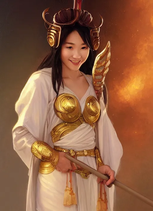 Image similar to Close-up portrait of smiling young asian woman wearing a winged helmet and a robe, holding a magic staff, portrait, highly detailed, digital painting, artstation, concept art, sharp focus, illustration, art by artgerm and greg rutkowski and alphonse mucha