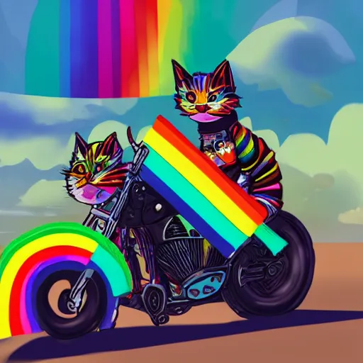 Image similar to wide angle full body, jacket wearing fluffy cute rainbow kitten wearing a black leather motorcycle jacket, riding on a motorcycle, cinematic concept art