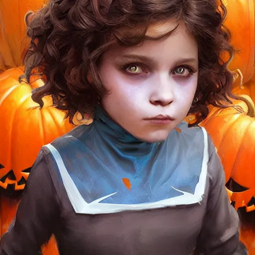 Prompt: a little girl with short wavy curly light brown hair and blue eyes in the most amazing children's halloween costume. painting by artgerm and greg rutkowski.