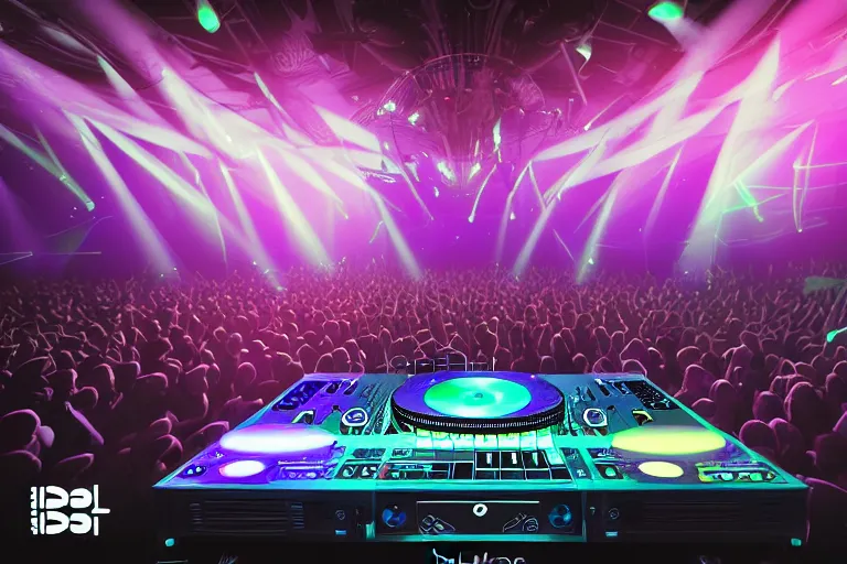 Image similar to beautiful digital art of a dj on stage spinning records with headphones looking over crowd dancing at a club by mobius, silhouette, volumetric lighting, haze, moving heads light beams, spot lights, disco ball, trending on artstation, 4k, unreal engine, intricate, ornate