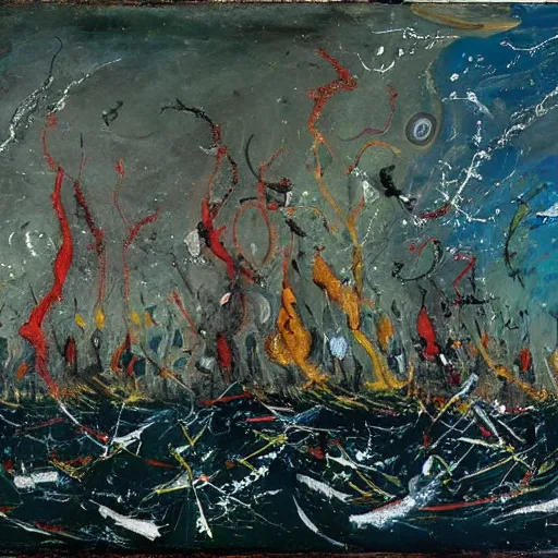 Prompt: battle of cape ecnomus, in the style of jackson pollock