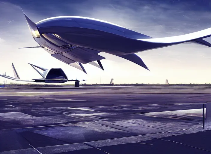 Image similar to futuristic jet plane arrives at runway of cyberpunk airport,cinematic lighting, concept art