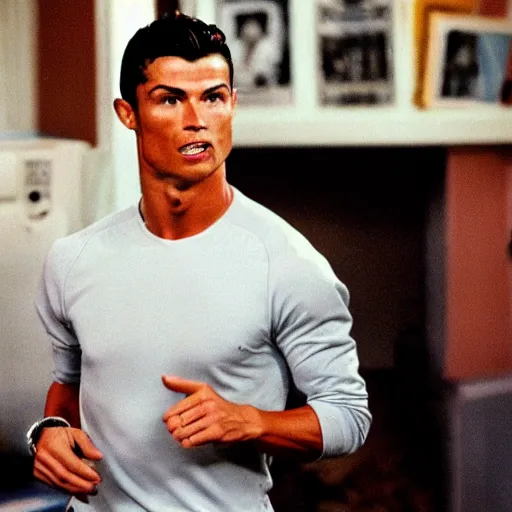 Image similar to a photograph still of Cristiano Ronaldo starring in a 1990s sitcom, 15mm