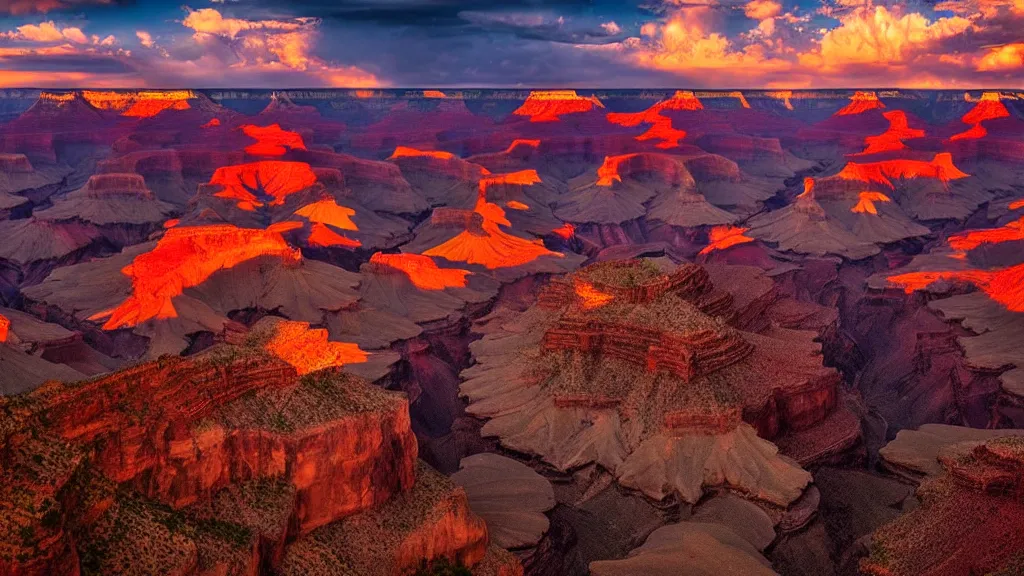 Image similar to amazing landscape photo of a grand canyon in sunset by marc adamus, beautiful dramatic lighting
