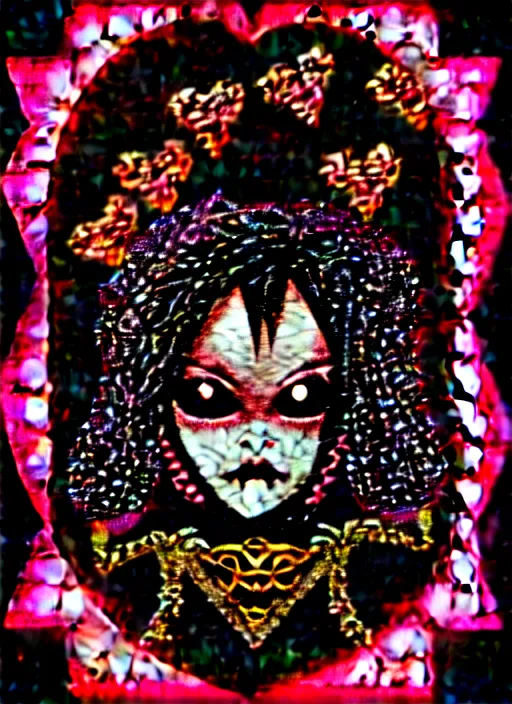 Image similar to baroque bedazzled gothic royalty frames surrounding a pixelsort emo demonic horrorcore japanese yokai doll, low quality sharpened graphics, remastered chromatic aberration spiked korean bloodmoon sigil stars draincore, gothic demon hellfire hexed witchcore aesthetic, dark vhs gothic hearts, neon glyphs spiked with red maroon glitter breakcore art by guro manga artist shintaro kago