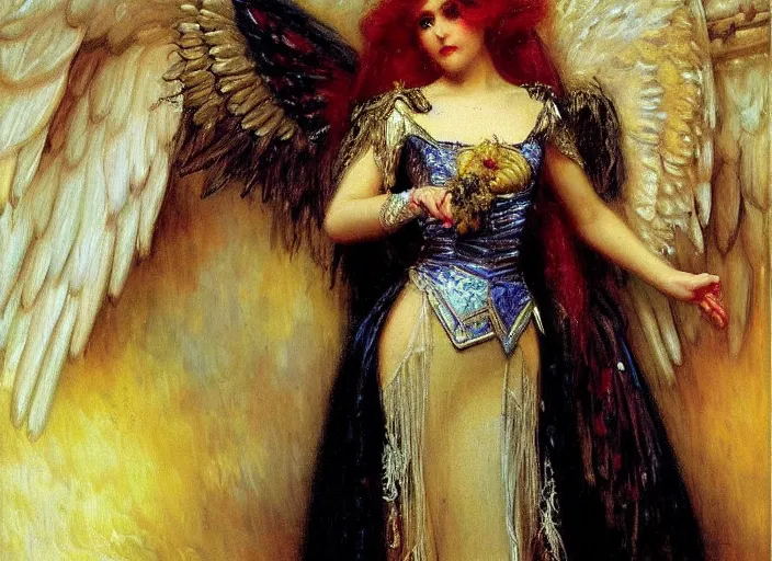 Image similar to horizontal prtrait of an angel knight gothic girl, baroque dress. by gaston bussiere