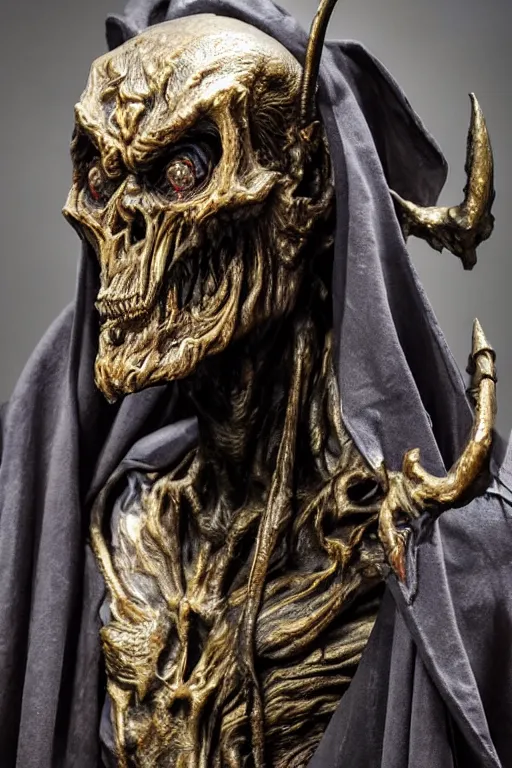 Prompt: photo taken of an epic intricate, ultra detailed, super realistic sculpture of a nightmarish hellish demonic hooded grim reaper sculpture on display in a workshop, created by weta workshop, head shots, photorealistic, sharp focus, f 0. 4, face centred, golden ratio