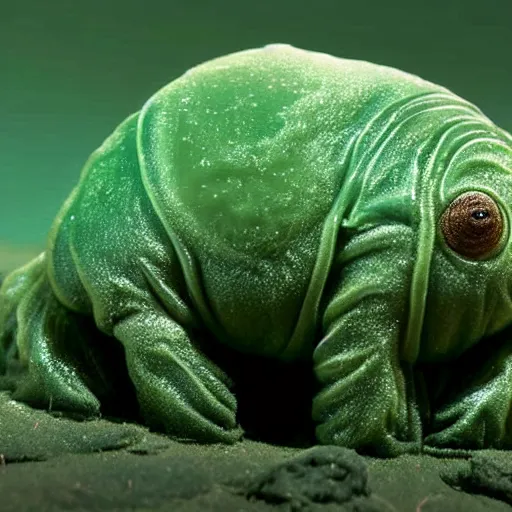Prompt: tardigrade floating in green slime. finely detailed skin with celluar glossy facets