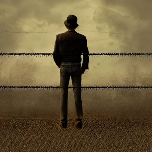 Prompt: a matte painting of a a man standing in front of a wire fence by emiliano ponzi