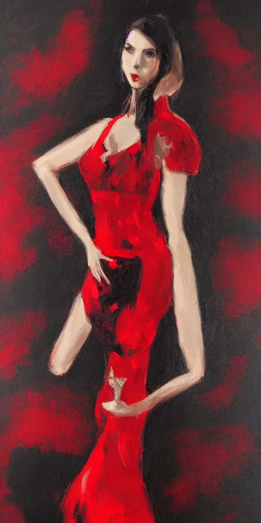 Image similar to black and red painting of woman in dress dancing, artstation trending, high detail, soft light, black background