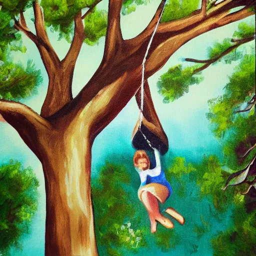 Prompt: Swing on tree painting
