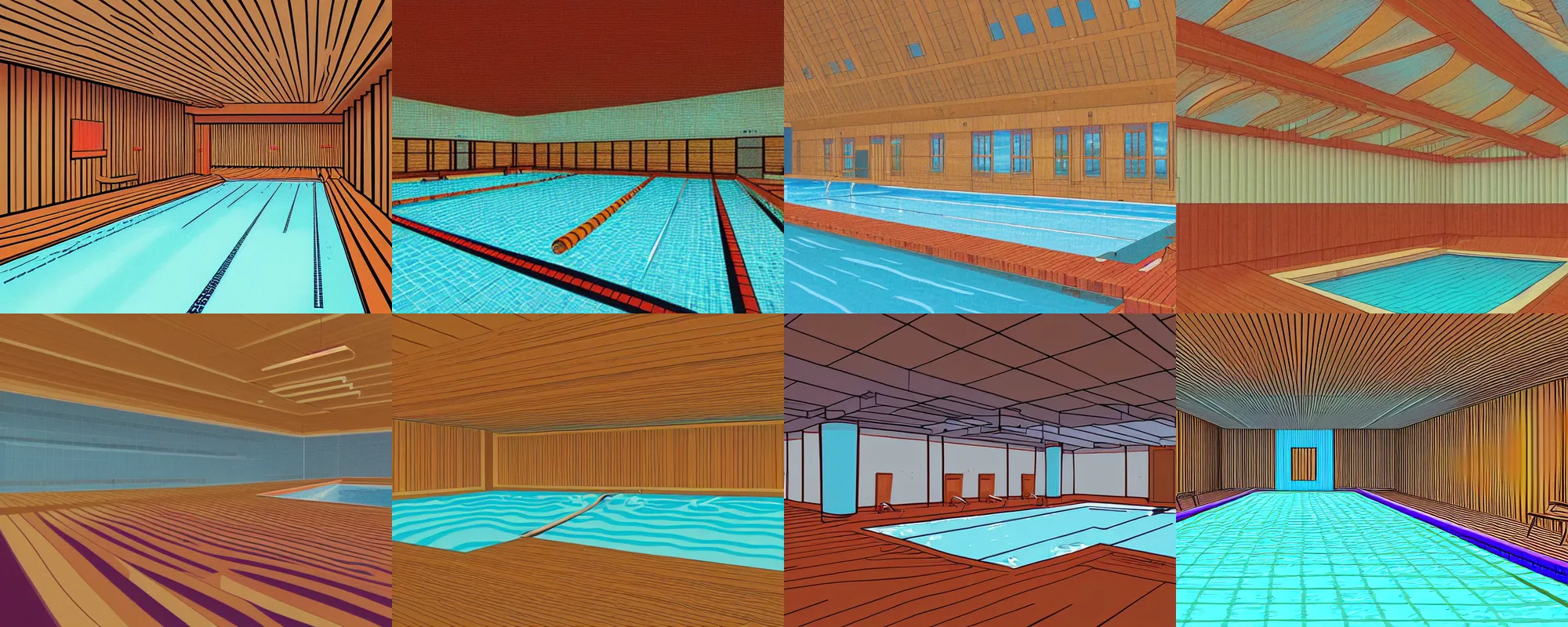 Prompt: 1990s Amiga Illustration of an indoor swimming pool room, wood paneled walls, flat raster style