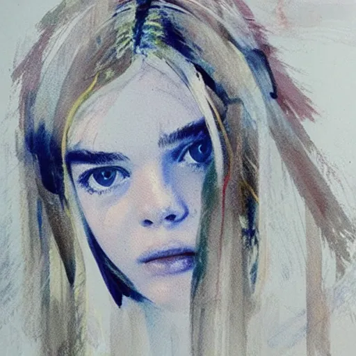 Prompt: abstract painting of Elle Fanning, by Bill Sienkiewicz