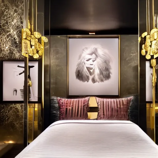 Image similar to artwork at a high - end luxury boutique hotel in new york city. expensive high fashion