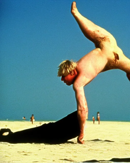 Prompt: film still close - up shot of boris johnson doing cartwheels on the beach from the movie monty python's the meaning of life. photographic, photography