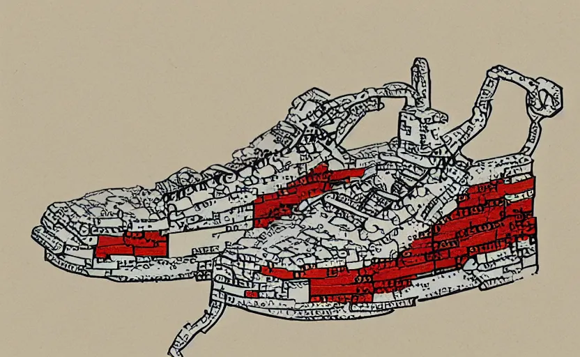 Image similar to sneaker made out of lego, ink drawing, jacques - louis david