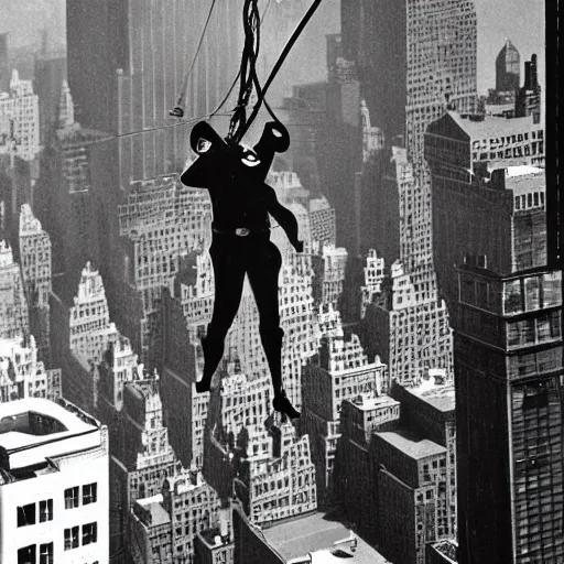 Prompt: old black and white photo, 1 9 2 5, depicting batman ziplining through skyscrapers of new york city, rule of thirds, historical record