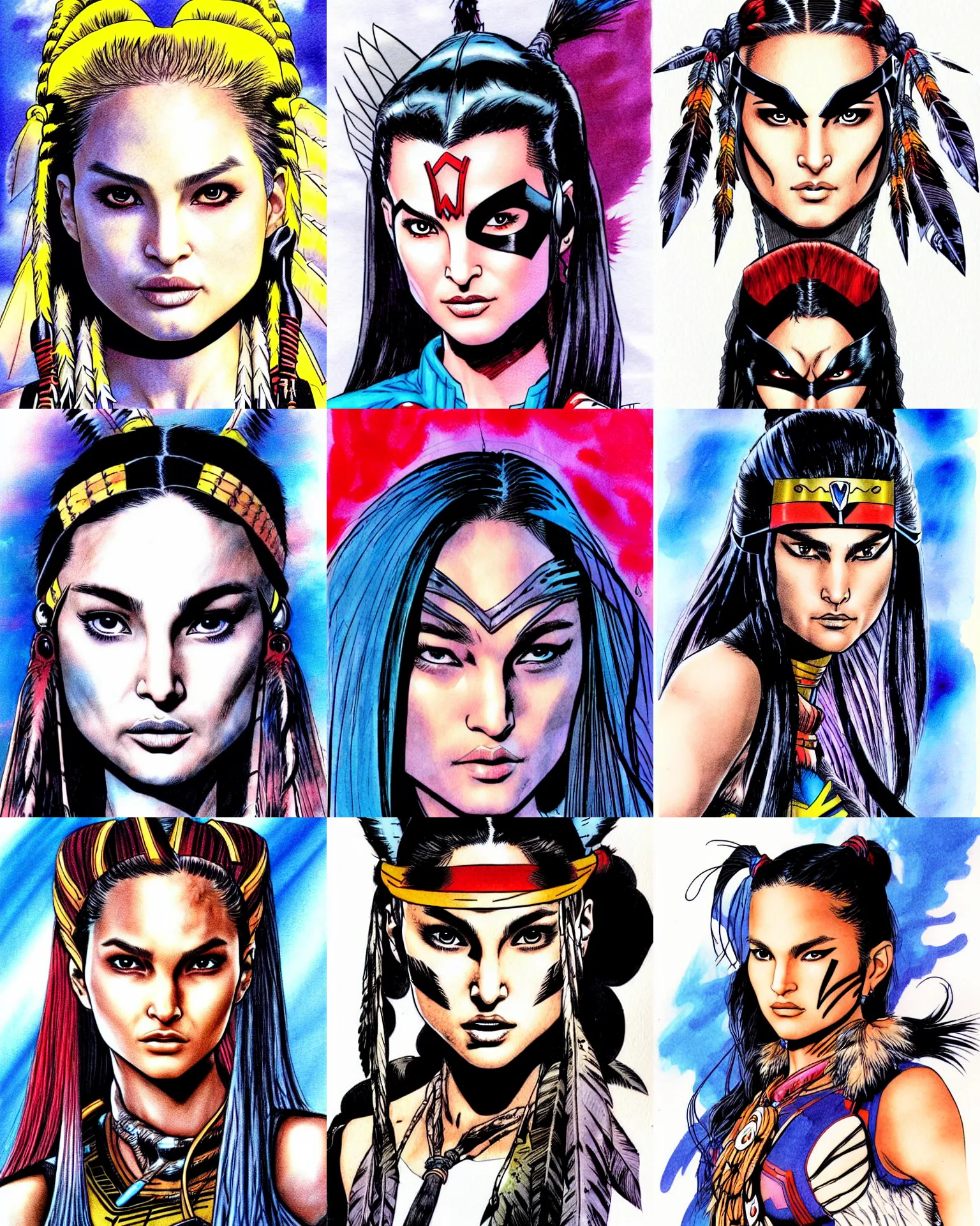 Prompt: jim lee!!! ink colorised airbrushed gouache sketch by jim lee close up headshot of sad native indian chinese natalie portman wide nosed in the style of jim lee, x - men superhero comic book character by jim lee