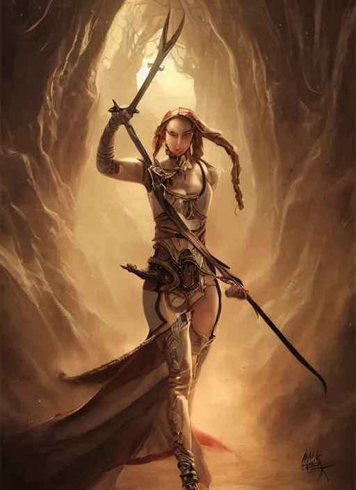 Prompt: female elf with two swords in her hands, painted by artgerm and tom bagshaw, fantasy art, dramatic lighting, highly detailed oil painting