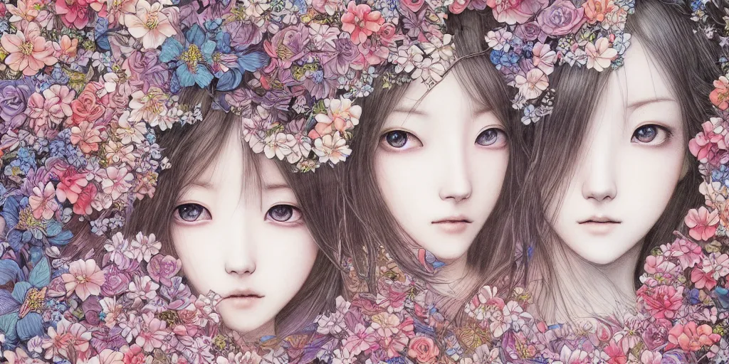 Image similar to breathtaking detailed concept art painting pattern blend of flowers and girls, by miho hirano, bizarre compositions, exquisite detail, pastel colors, 8 k