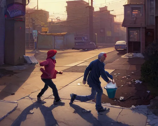 Image similar to Highly detailed portrait of homeless Joe Biden barefooted chasing the ice cream truck, in GTA V, Stephen Bliss, unreal engine, fantasy art by Greg Rutkowski, Loish, Rhads, ferdinand knab, Makoto Shinkai and Lois van baarle, ilya kuvshinov, rossdraws, Tom Bagshaw, global illumination, radiant light, detailed and intricate environment