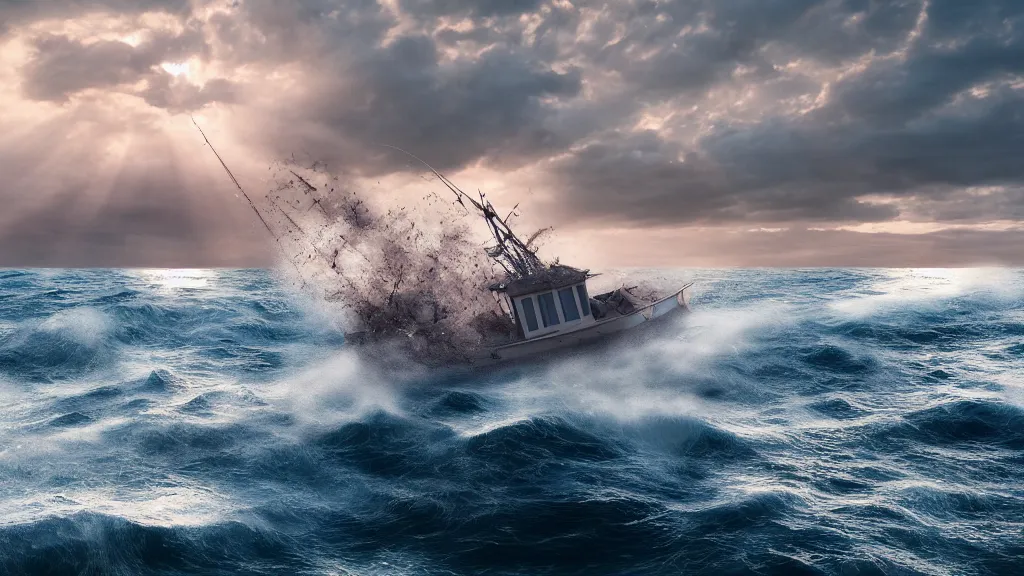 Image similar to a small fishing boat on the ocean being tossed around in heavily crashing waves, dusk, rule of thirds, rendered in octane, Corona, vray and Arnold, insanely detailed, photorealistic, cinematic, crepuscular rays, no grain