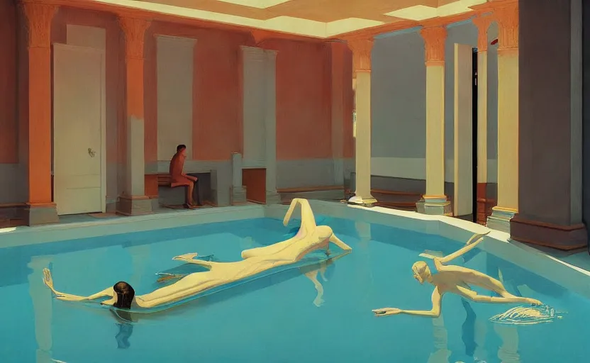 Image similar to A pool inside a british catle, very coherent, painted by Edward Hopper, Wayne Barlowe, painted by James Gilleard, airbrush, art by JamesJean