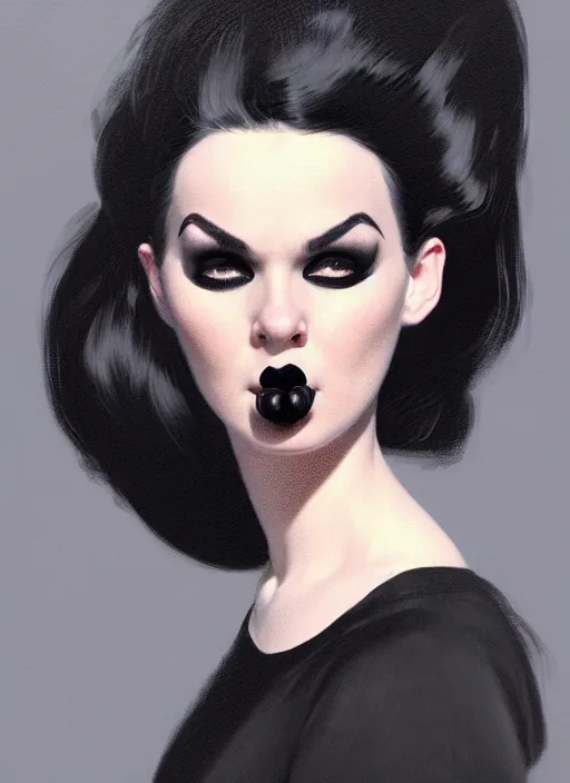 Image similar to portrait of a plump woman with a crooked nose and a confident expression, 1 9 6 0 s, black clothes, goth, punk, brightly coloured hair, funk, intricate, elegant, highly detailed, digital painting, artstation, concept art, smooth, sharp focus, illustration, art by wlop, mars ravelo and greg rutkowski