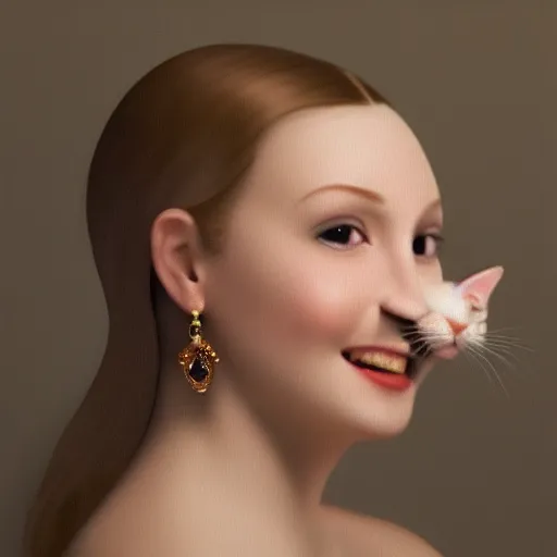 Prompt: an hyper realistic closeup portrait of an innocent, elegant cat, smiling, wearing pearl earrings, blender render, global illumination, by jan vermeer